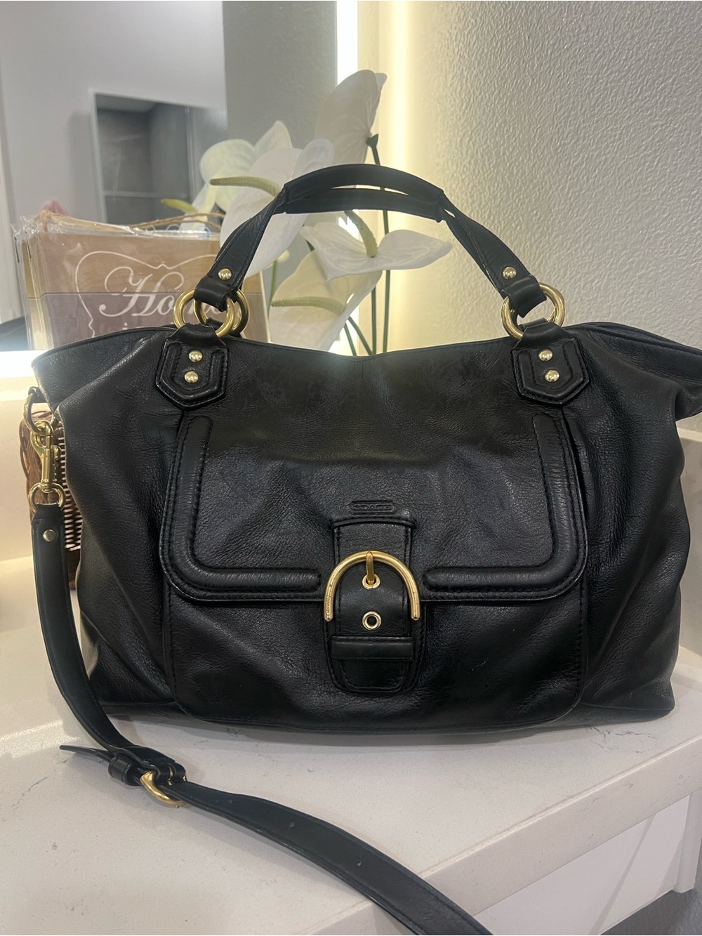Coach Campbell carryall Black soft Leather Shoulder Bag with Gold Hardware